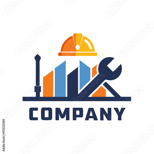 Construction company logo with abstract building and hardhat