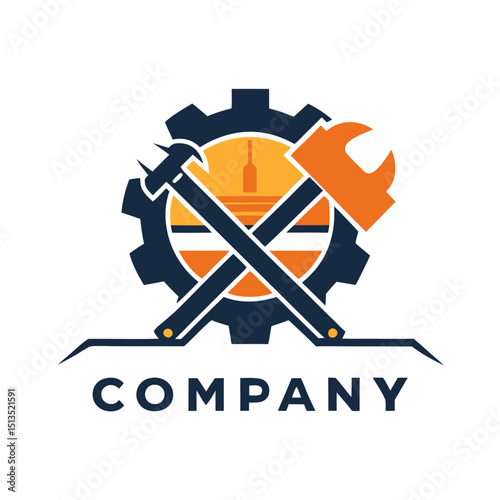 Industrial company logo with gear hammer and wrench icon
