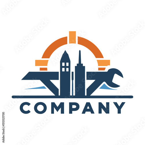 Construction Company Logo with Buildings and Tools Graphic