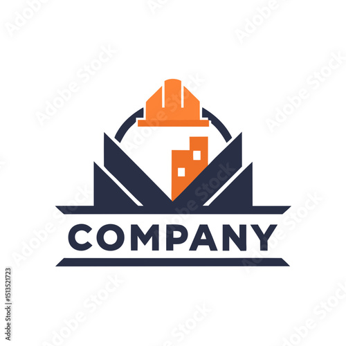 Construction company logo with hardhat and buildings graphic element