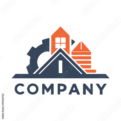 Construction and mechanical industry logo with gear and buildings