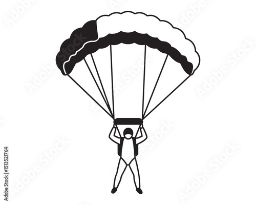 skydiver with an open parachute black silhouette vector, Simple silhouette Design vector icon with white background.