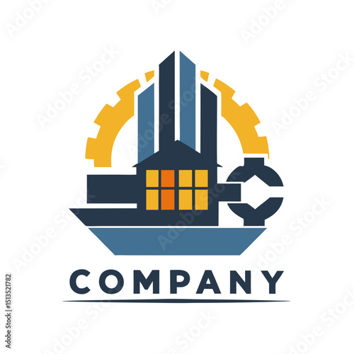 Modern logo with building, gear, and wrench combination