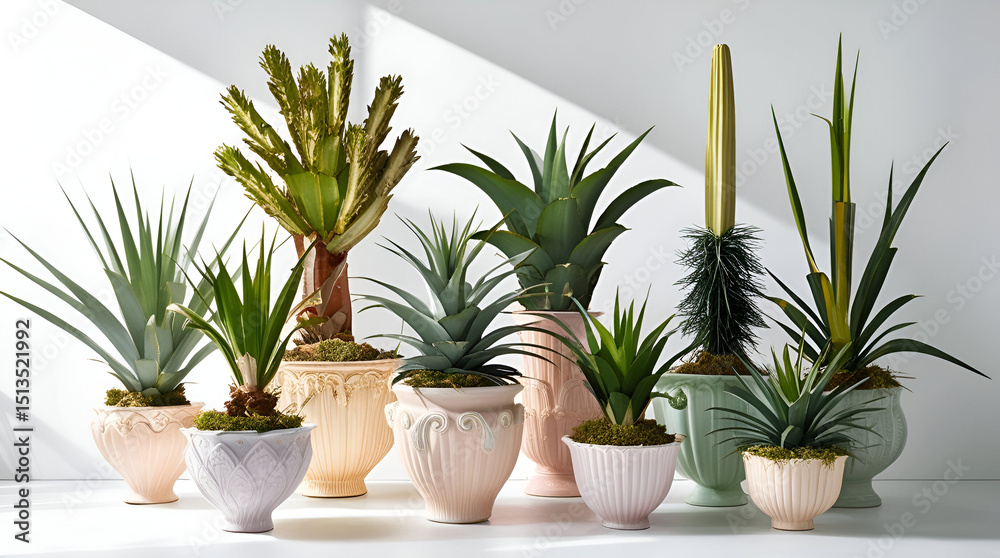 Fototapeta premium A stylish collection of yucca plants in sleek porcelain pots, isolated on a clean white background