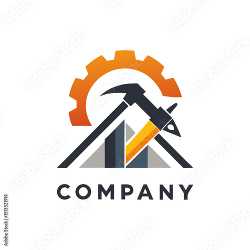 Modern construction logo featuring gear, pickaxe and abstract building