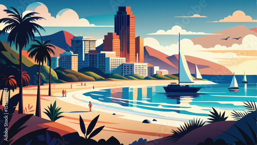 landscape city sea illustration Adobe Illustrator Artwork