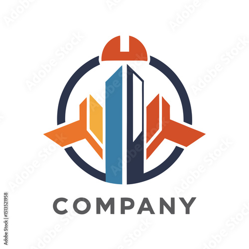 Construction logo featuring buildings, hardhat and circular design
