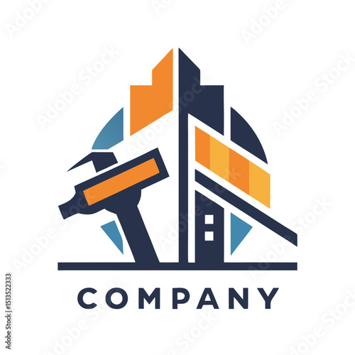 Modern construction logo design featuring hammer and building silhouette