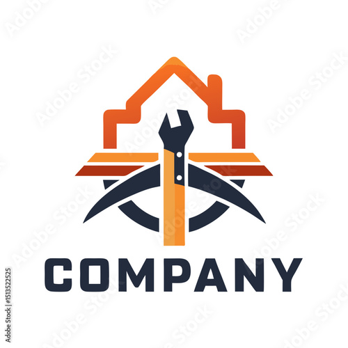 Modern home repair service logo with wrench and house