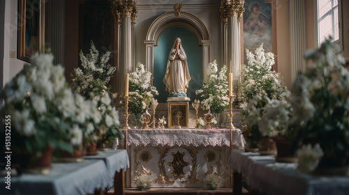 St. Anne's Festival Church Altar Decorated with Flowers and Statue, A Sacred Space of Prayer, Beauty, and Catholic Devotion Honoring Saint Anne