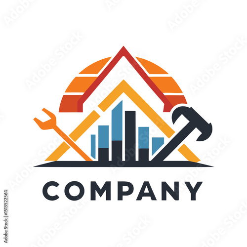 Abstract construction company logo with tools and city skyline