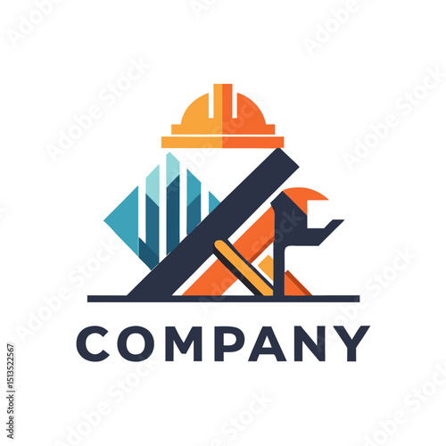 Construction and industry logo with helmet and wrench design