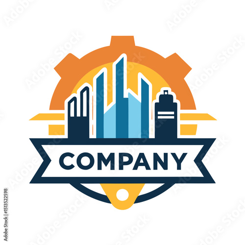 Modern industrial company logo with buildings and gear symbol