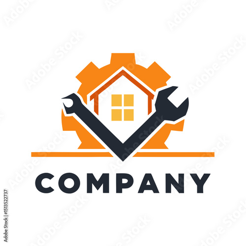 Home repair service company logo with house and wrench