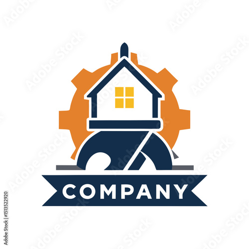 Construction company logo with house and mechanical gear icon