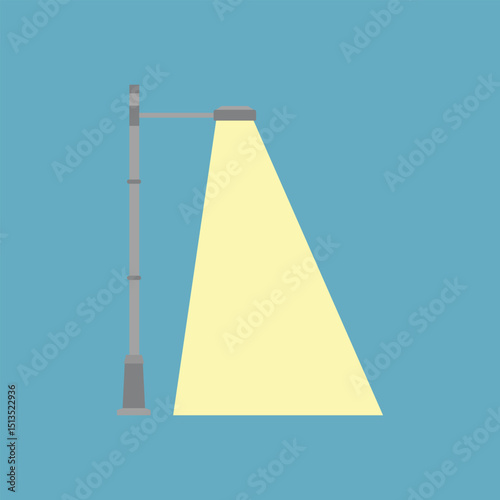 Flat vector illustration of a street lamp casting a bright yellow beam of light on a blue background. Ideal for urban lighting, night scenes, public infrastructure, and municipal design concepts.
