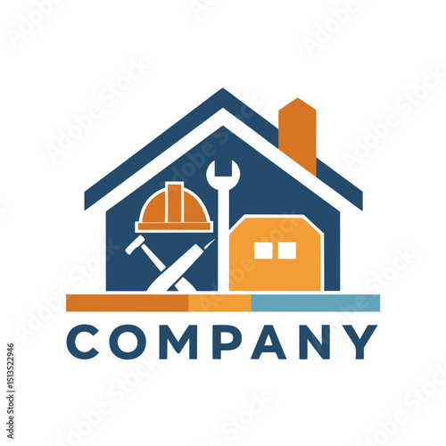 Construction company logo features house tools with bold style