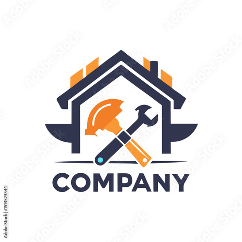 Home repair service logo with house and crossed tools