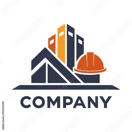 Construction company logo with building and hard hat icon