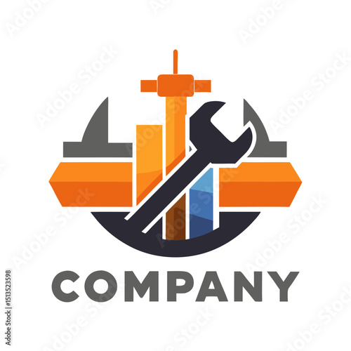 Modern company logo design with wrench and building icon