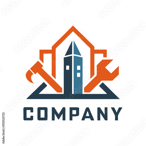 Home repair and construction logo with building silhouette icon