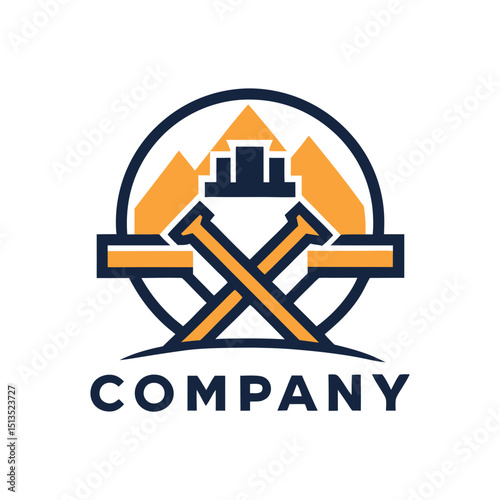 Construction logo featuring crossed nails and mountain design