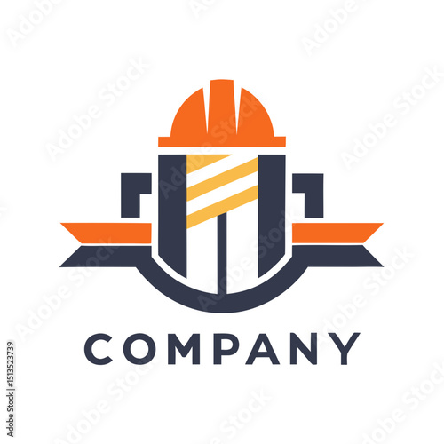 Construction logo with hard hat and banner illustration design