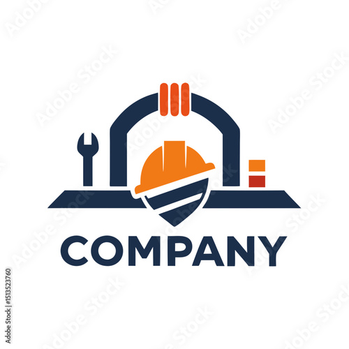 Construction company logo with equipment and hardhat design