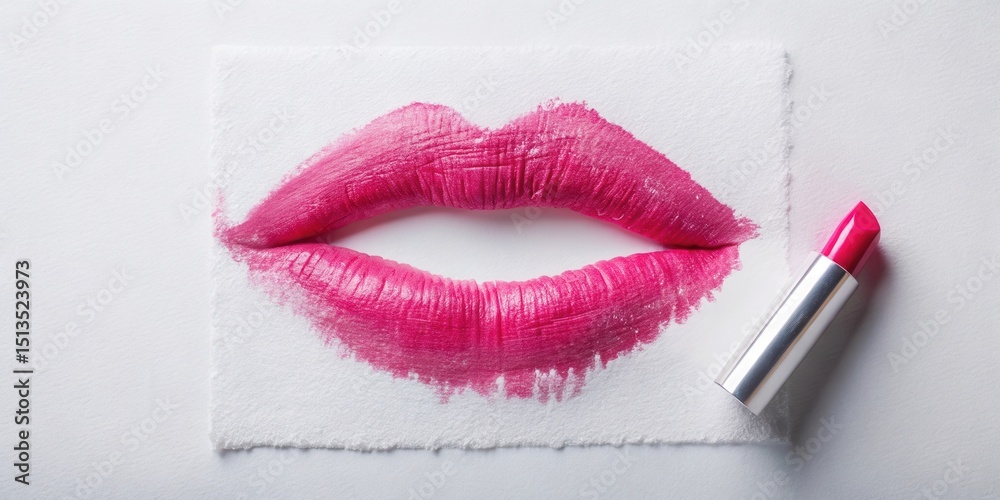 Obraz premium A vivid pink lipstick imprint on textured paper, accompanied by a tube of matching lipstick, presents a captivating visual study of color and texture