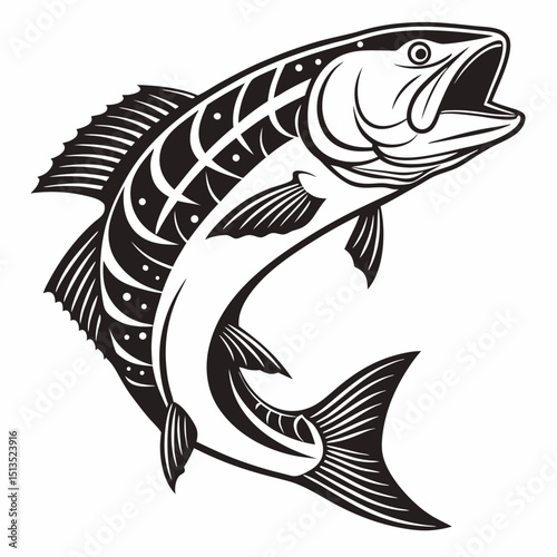 Leaping fish black and white illustration