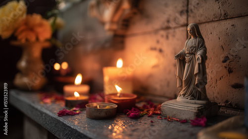 St. Anne's Festival Candle Altar with Statue, Sacred Catholic Celebration of Devotion, Prayer, and Light in Honor of Saint Anne’s Spiritual Legacy