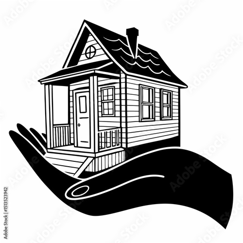 House in hand graphic black and white illustration
