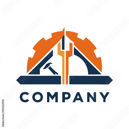 Construction company logo featuring tools gear and helmet
