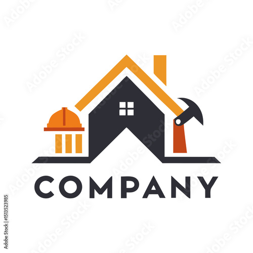 Construction and building company logo with house and equipment