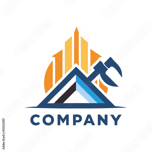 Construction Company Logo Design with Building and Hammer Icon