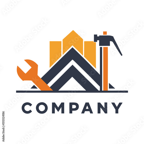 Construction repair company logo design with wrench and hammer