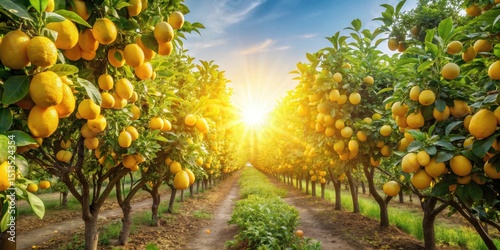 Golden citrus orchard bathed in the warm glow of a vibrant sunrise, a picturesque row of fruit trees laden with ripe, juicy lemons.