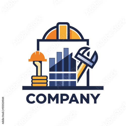 Engineering company logo with industry tools and building graphic