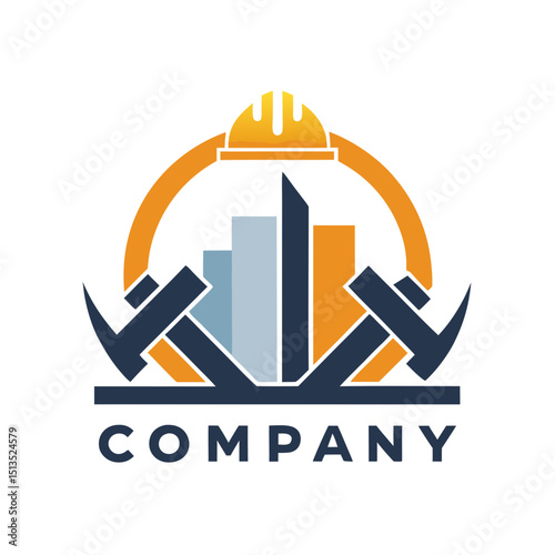 Construction Company Logo Design with Buildings and Safety Helmet