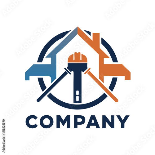 Construction logo design featuring house, wrench, and hardhat elements