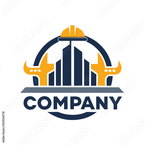 Construction company logo with buildings and construction helmet symbol