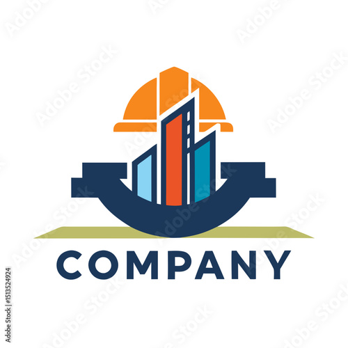Modern Construction Logo with Buildings and Hard Hat Symbol