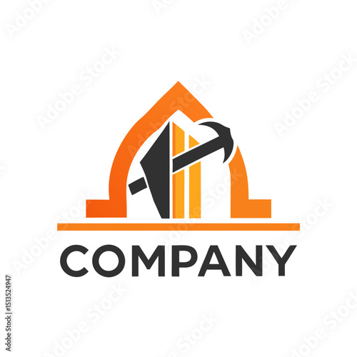 Abstract logo featuring a construction hammer and geometric architecture
