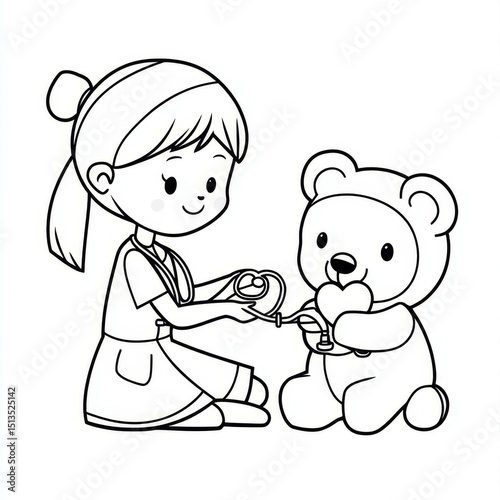 Adorable Cartoon Nurse Examining a Stuffed Teddy Bear Friend with a Stethoscope for Healthcare Fun