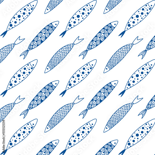 Line Fish set with pattern illustrations. Seamless Pattern. Sea Background. Vector. Sardines, sea fish. Blue color, Scandinavian, Folk