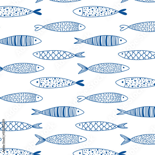 Line Fish set with pattern illustrations. Seamless Pattern. Sea Background. Vector. Sardines, sea fish. Blue color, Scandinavian, Folk