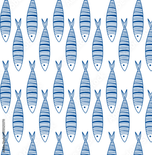 Line Fish set with pattern illustrations. Seamless Pattern. Sea Background. Vector. Sardines, sea fish. Blue color, Scandinavian, Folk