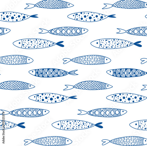 Line Fish set with pattern illustrations. Seamless Pattern. Sea Background. Vector. Sardines, sea fish. Blue color, Scandinavian, Folk