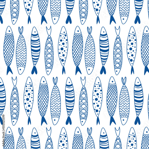 Line Fish set with pattern illustrations. Seamless Pattern. Sea Background. Vector. Sardines, sea fish. Blue color, Scandinavian, Folk