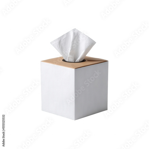 A clean, modern tissue box with a partially pulled tissue, set against a white background, ideal for home or office use.